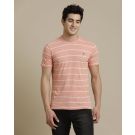 Men's Premium Blended Linen Pink Striped Contemporary Fit Half Sleeve Crew Neck Casual T-Shirt
