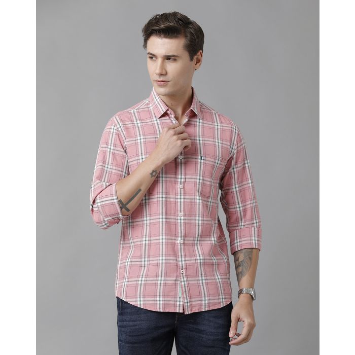 Men's Blended Linen Pink Checked Contemporary Fit Full