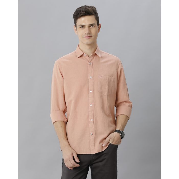 Men's Blended Linen Peach Solid Contemporary Fit Full Sleeve