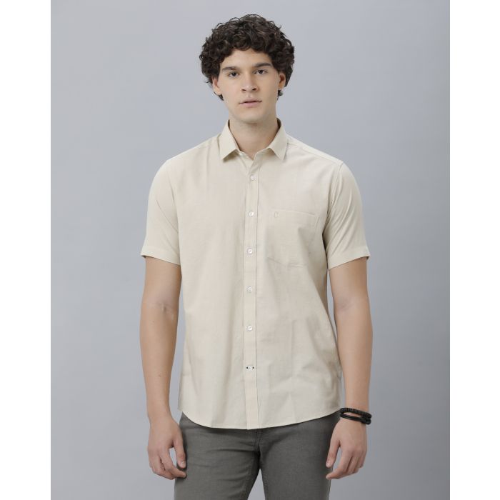 トップス WIND AND SEA HALF SLEEVE SHIRTS / BEIGE Men's Blended Linen Beige Solid Contemporary Fit Half Sleeve