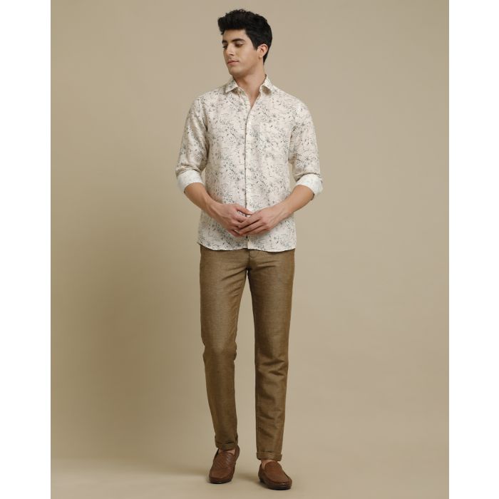 Men's Pure Linen Grey Printed Contemporary Fit Full Sleeve