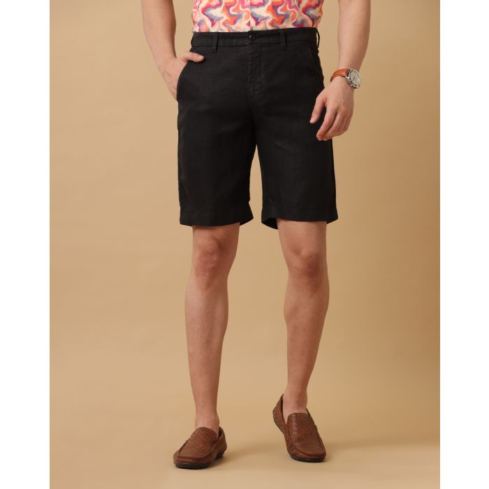 Mens Linen Black Solid Contemporary Fit Casual Shorts