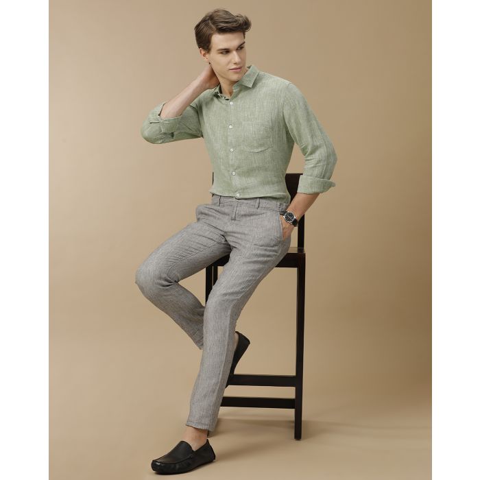 Mens Linen Grey Solid Contemporary Fit Casual Trousers