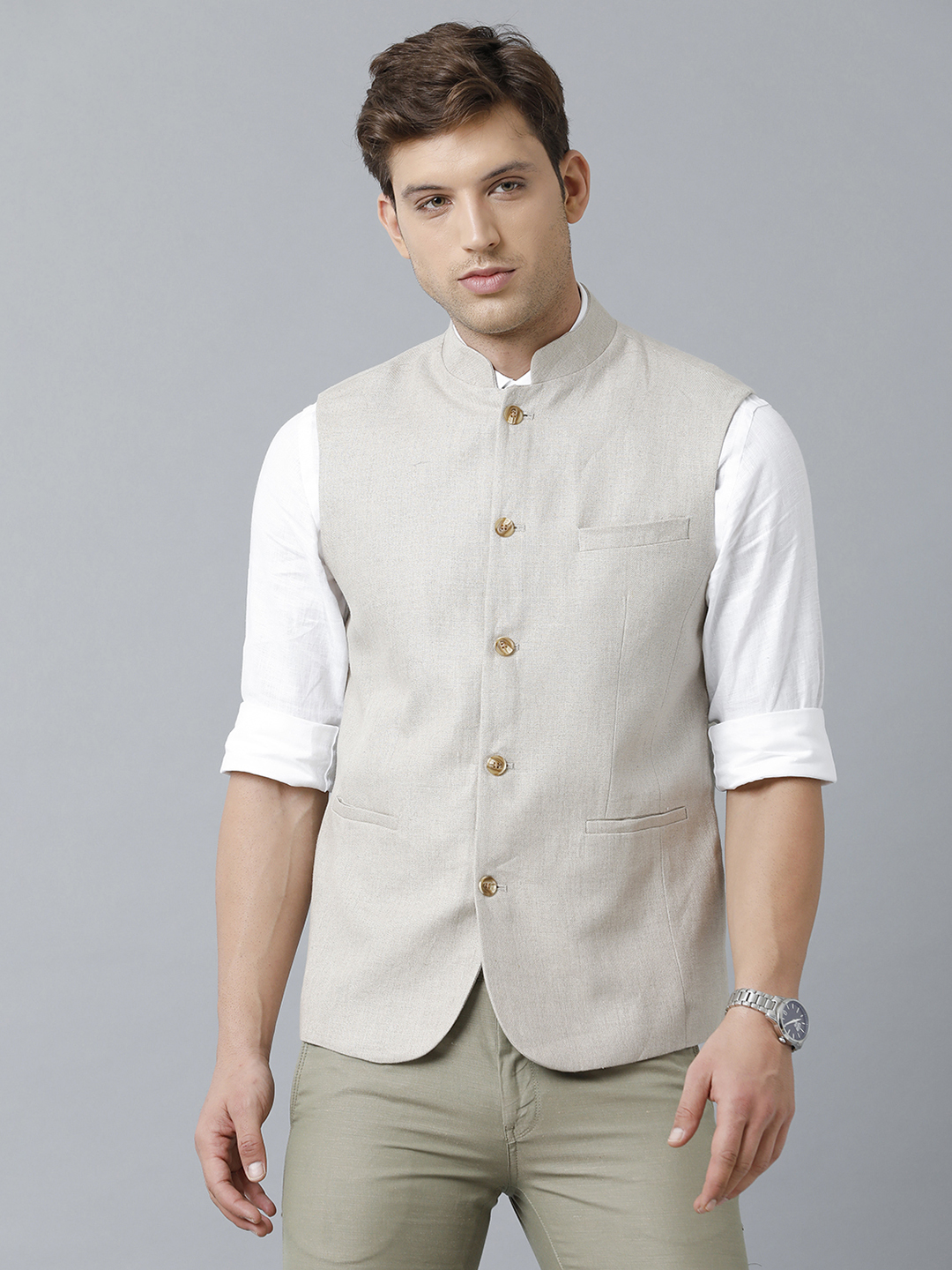 Men's Premium Blended Linen Beige Solid Nehru Jacket
