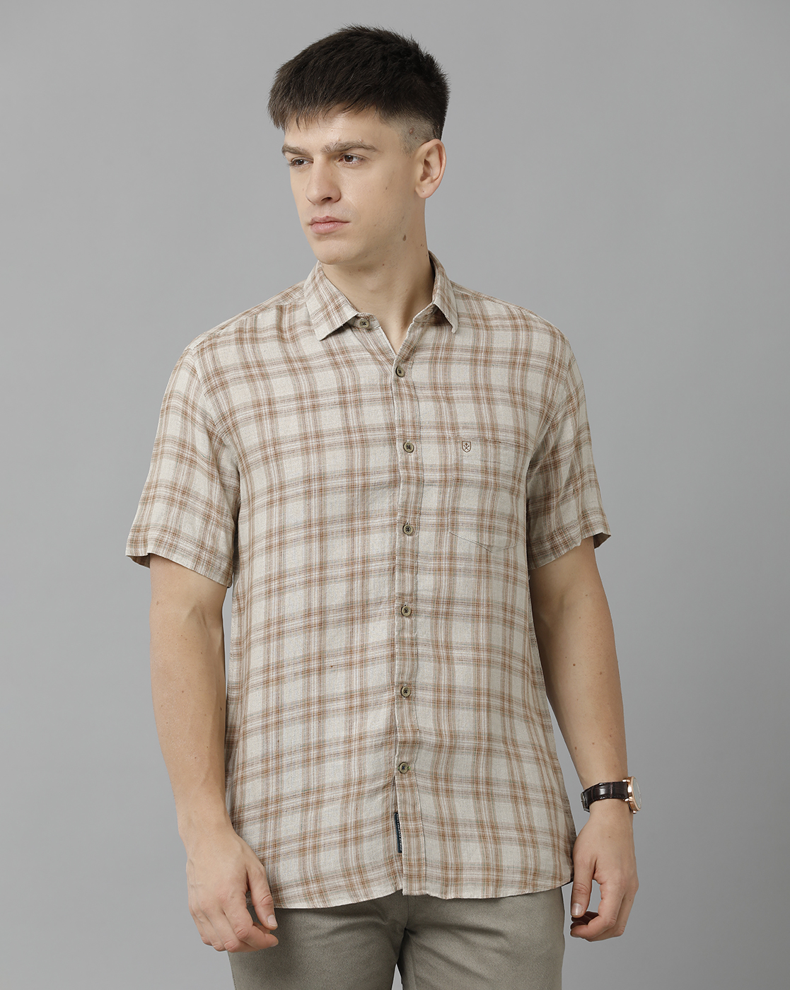 Men's Pure Linen Brown Checked Contemporary Fit Half Sleeve Men's Pure Linen Brown Checked Contemporary Fit Half Sleeve