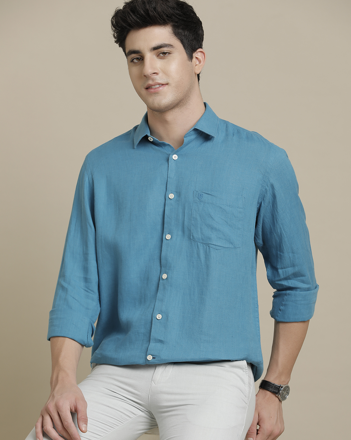 Men's Pure Linen Blue Solid Contemporary Fit Full Sleeve