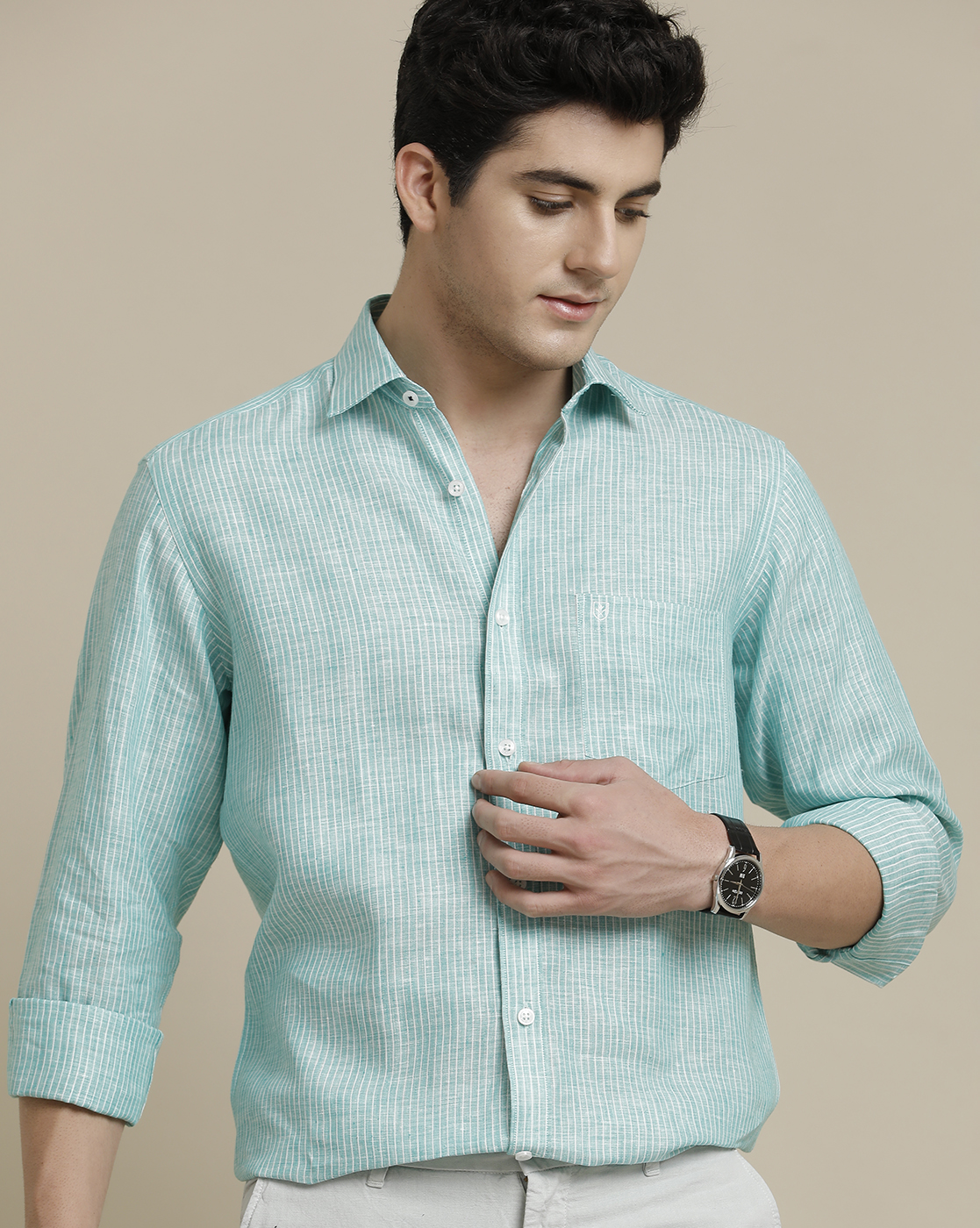 Men's Blended Linen Turquoise Blue Striped Contemporary Fit